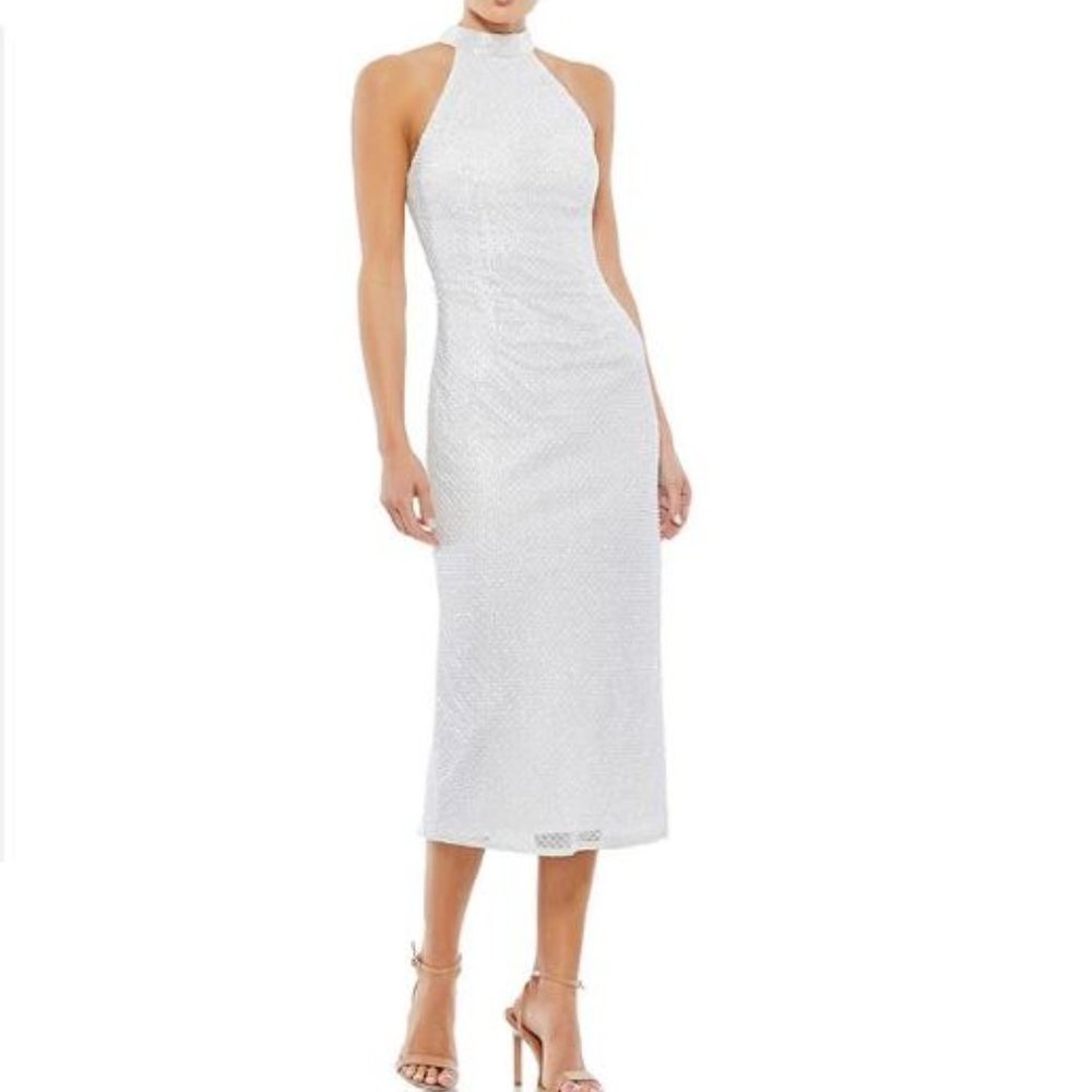 Mac Duggal Beaded Halter Neck Sleeveless Sheath Midi Dress